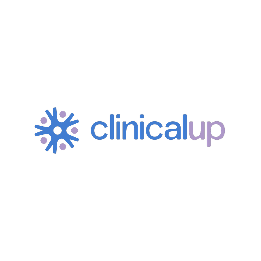 Logomarca Clinical Up, com fundo branco e escrita azul e lilas.